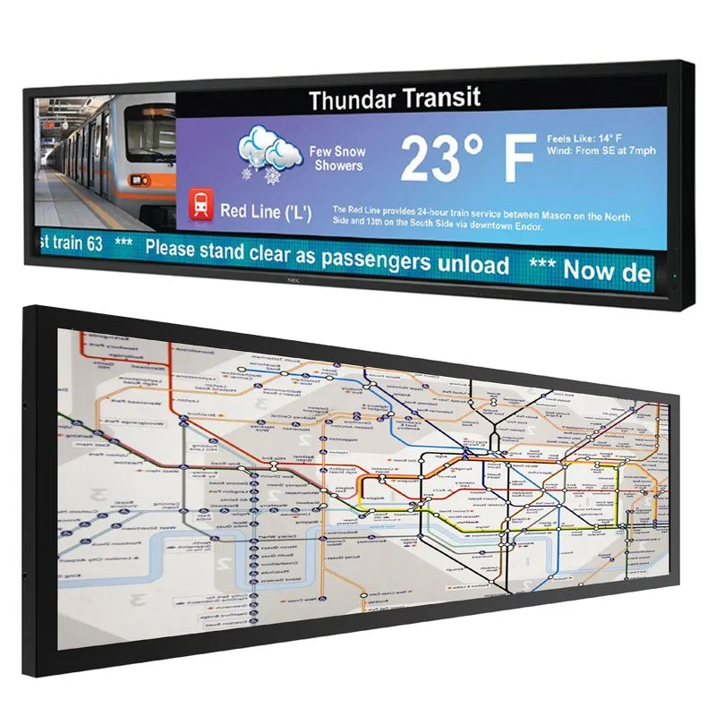 Two bar-type displays with transit information and a metro map
