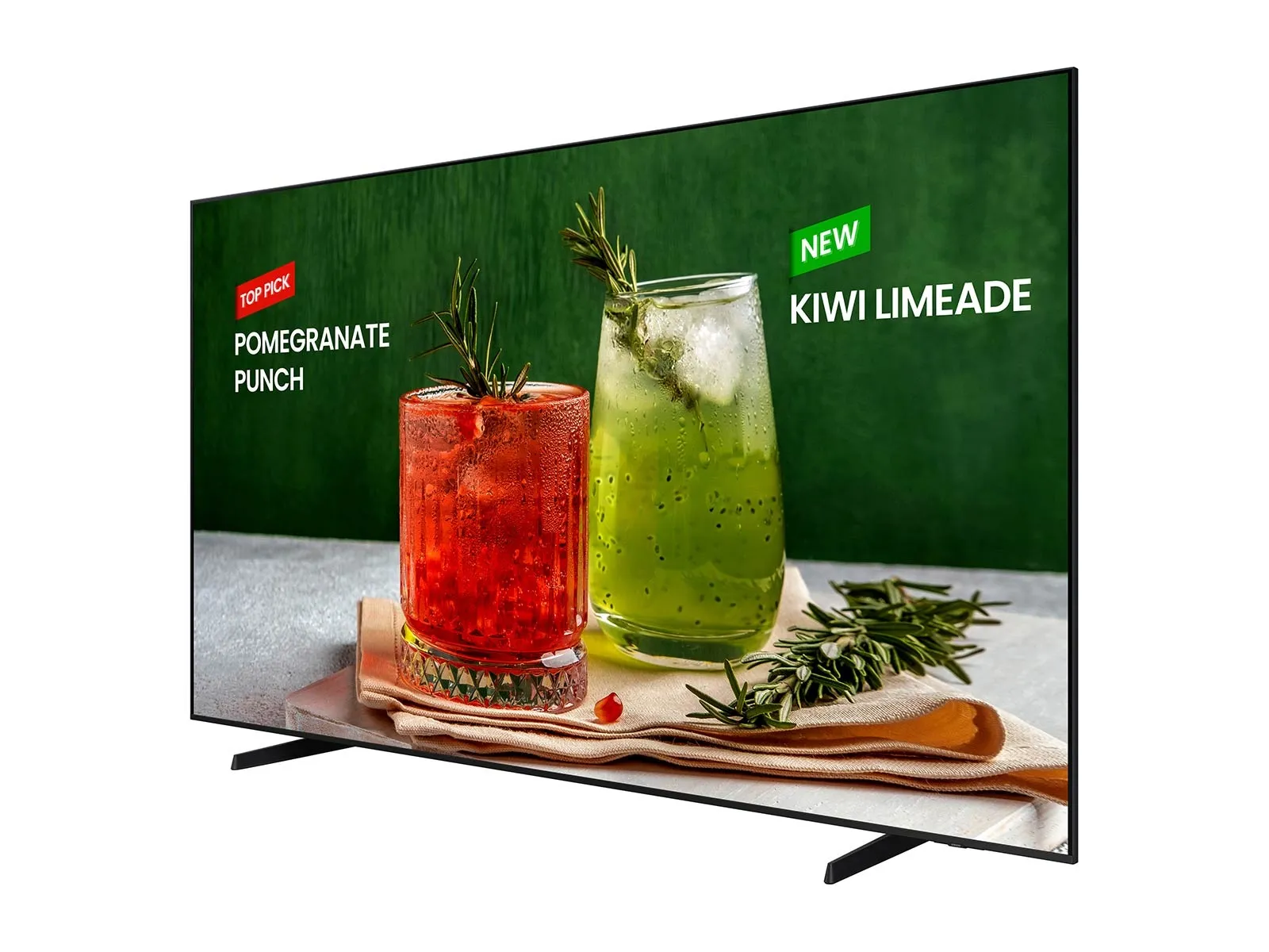 Samsung BE98D-H 98-inch business TV, three-quarter angle view on its feet