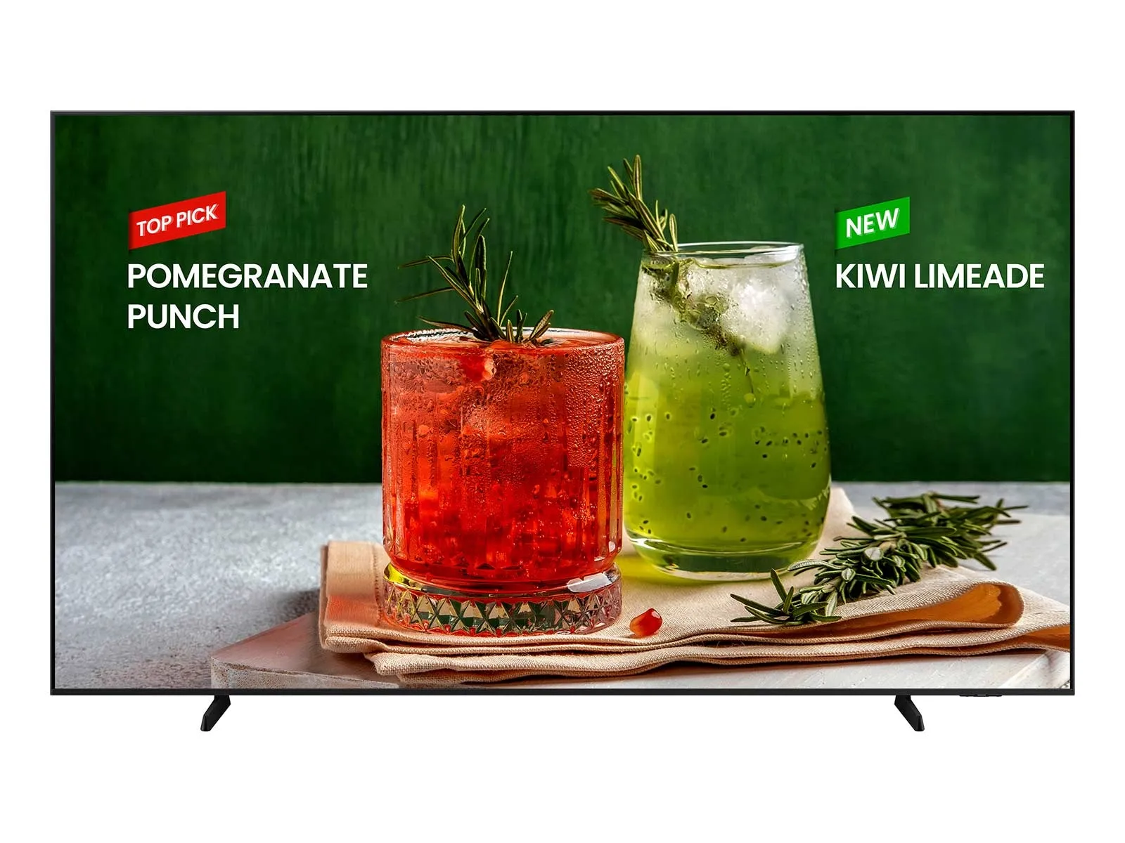 Samsung BE98D-H 98-inch business TV, front view showing a drinks menu promotion
