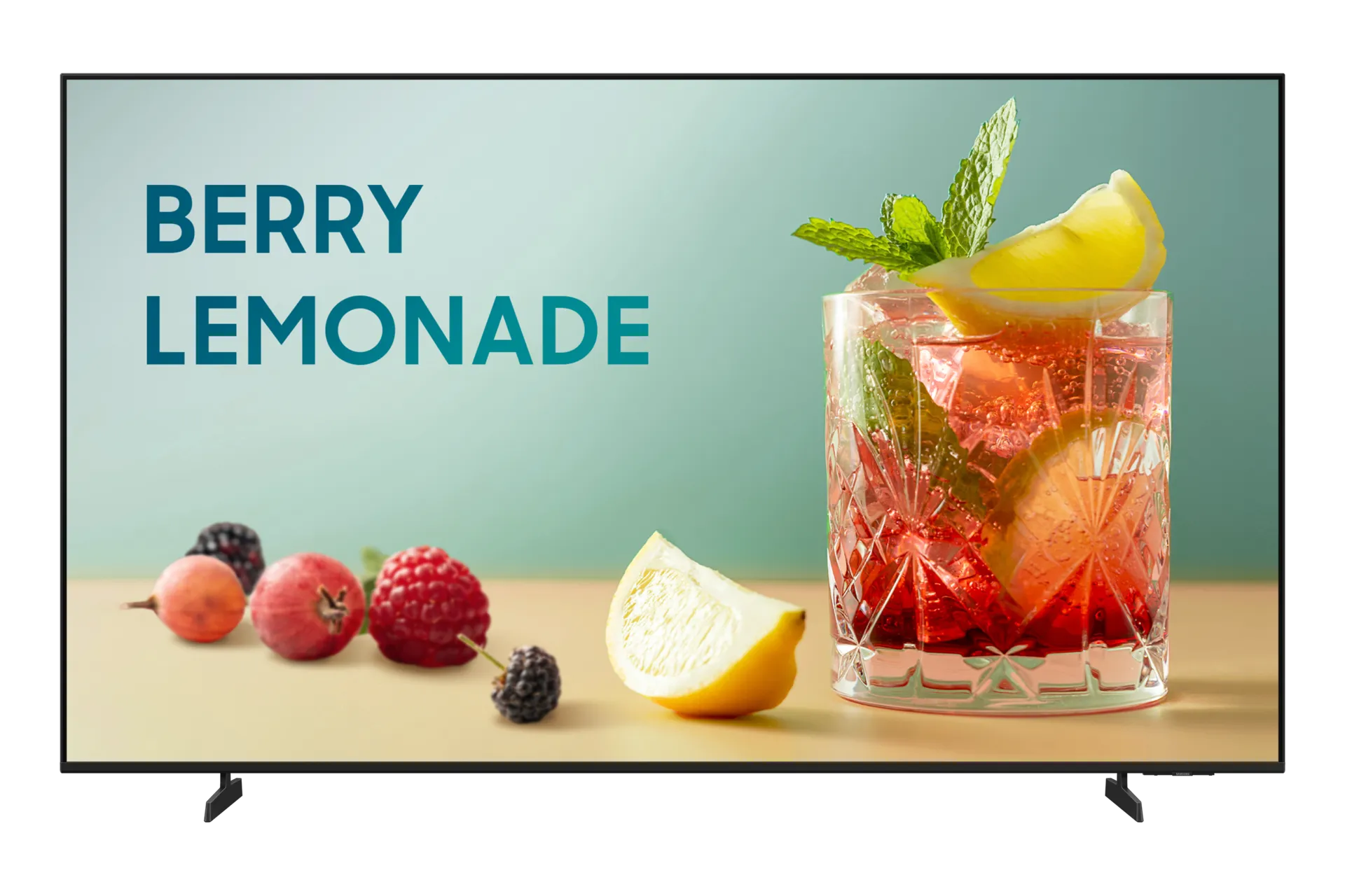 Samsung BEFX-H 85-inch business TV, front view showing a cafe menu promotion