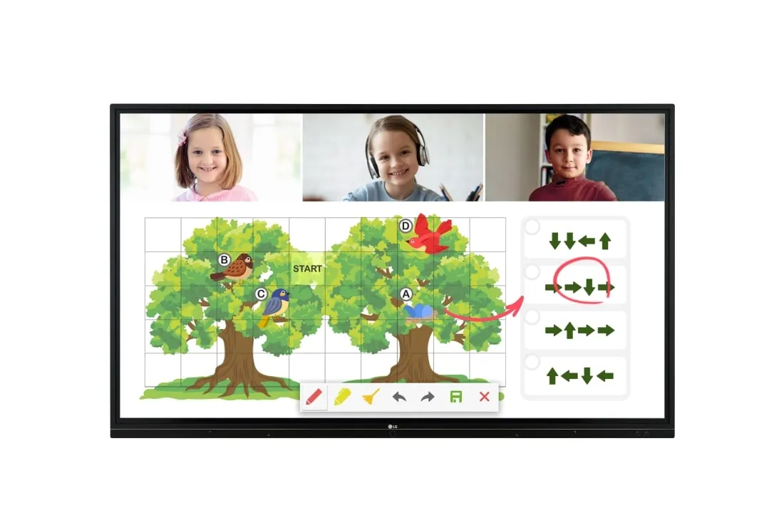 LG TR3BF legacy interactive board, front view showing a video lesson with students on screen