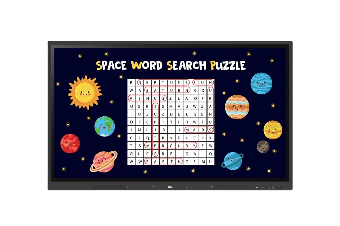 LG CreateBoard 75TR3DK, front view showing a space word-search lesson