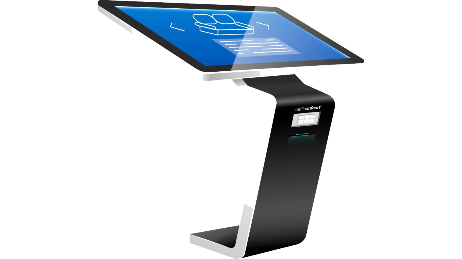 Capital Infoart floor-standing interactive touch kiosk with an angled screen on a curved K-shaped stand