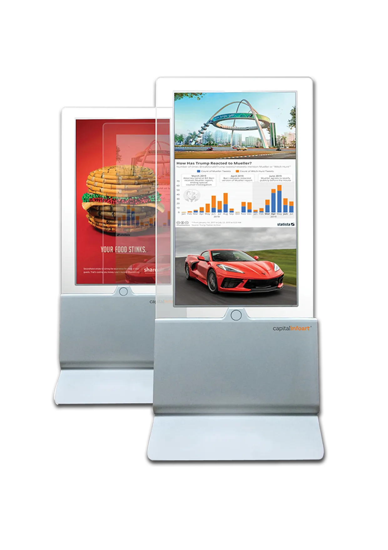 Premium Glass Floor Mount Kiosk, double-sided, showing two panels in one glass body