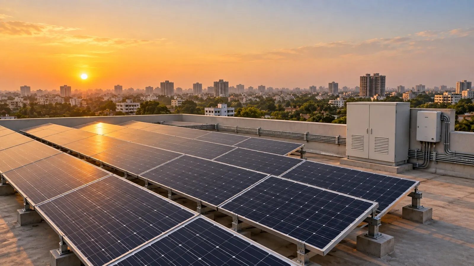 Rooftop solar array at golden hour with a battery storage cabinet and a wall-mounted hybrid inverter enclosure at the edge of the roof, an Indian city skyline behind
