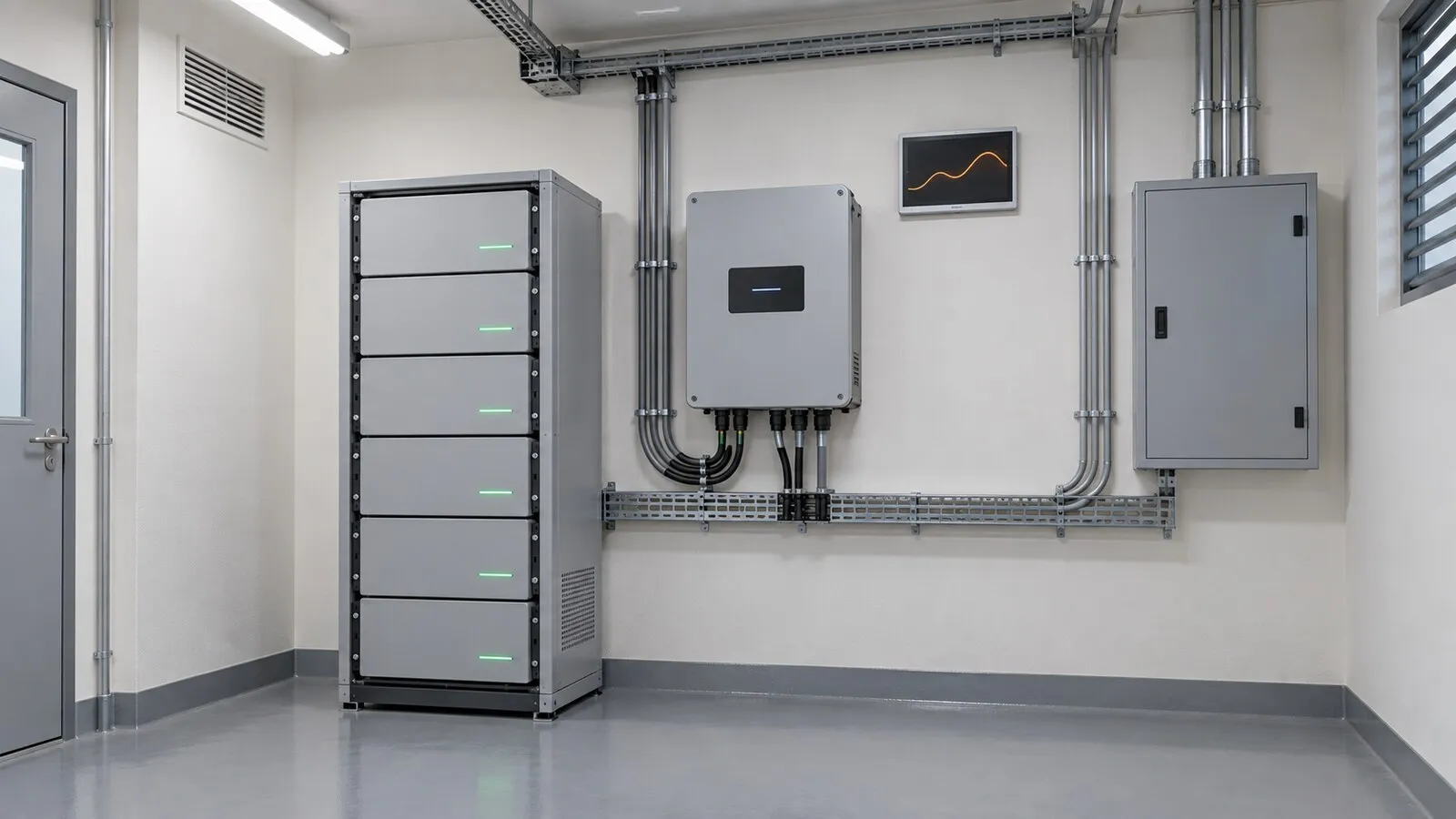 Clean plant room with a floor-standing lithium battery rack, a wall-mounted hybrid inverter, a monitoring display and a distribution board under cool white light