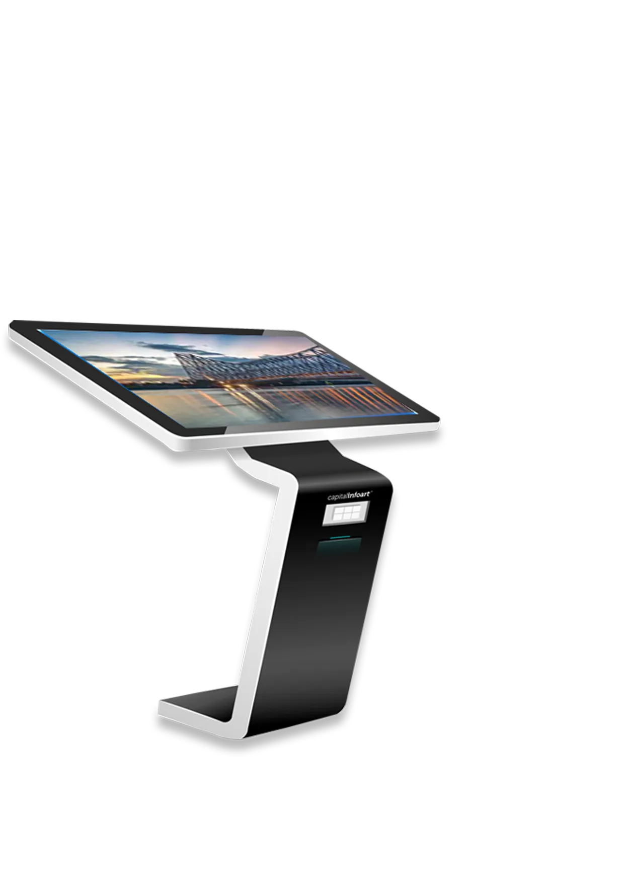 Floor Mount Interactive Android Kiosk with an angled touch screen on a curved black stand