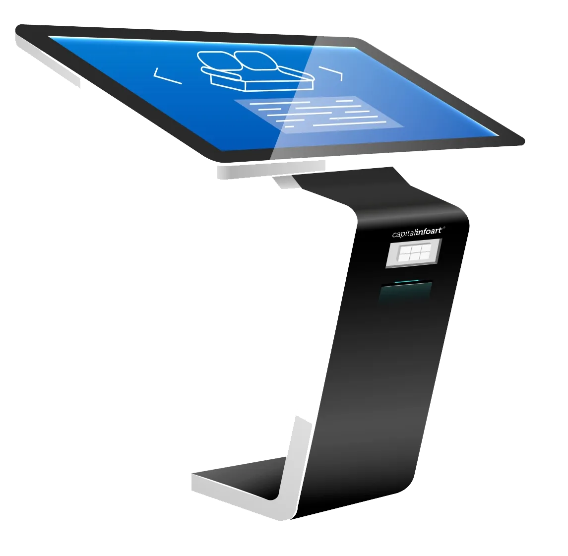Interactive Android kiosk with a landscape touch screen showing a form