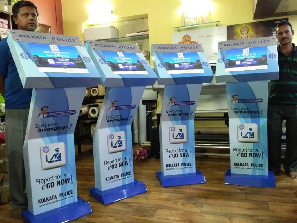 Four Kolkata Police interactive kiosks lined up before delivery