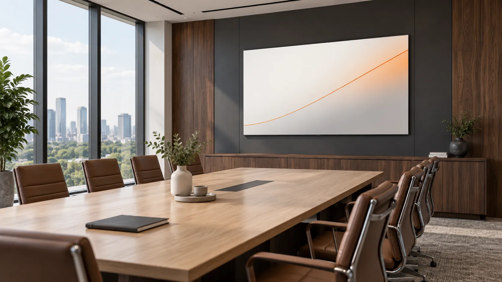 Thin-bezel commercial display on a boardroom wall in daylight