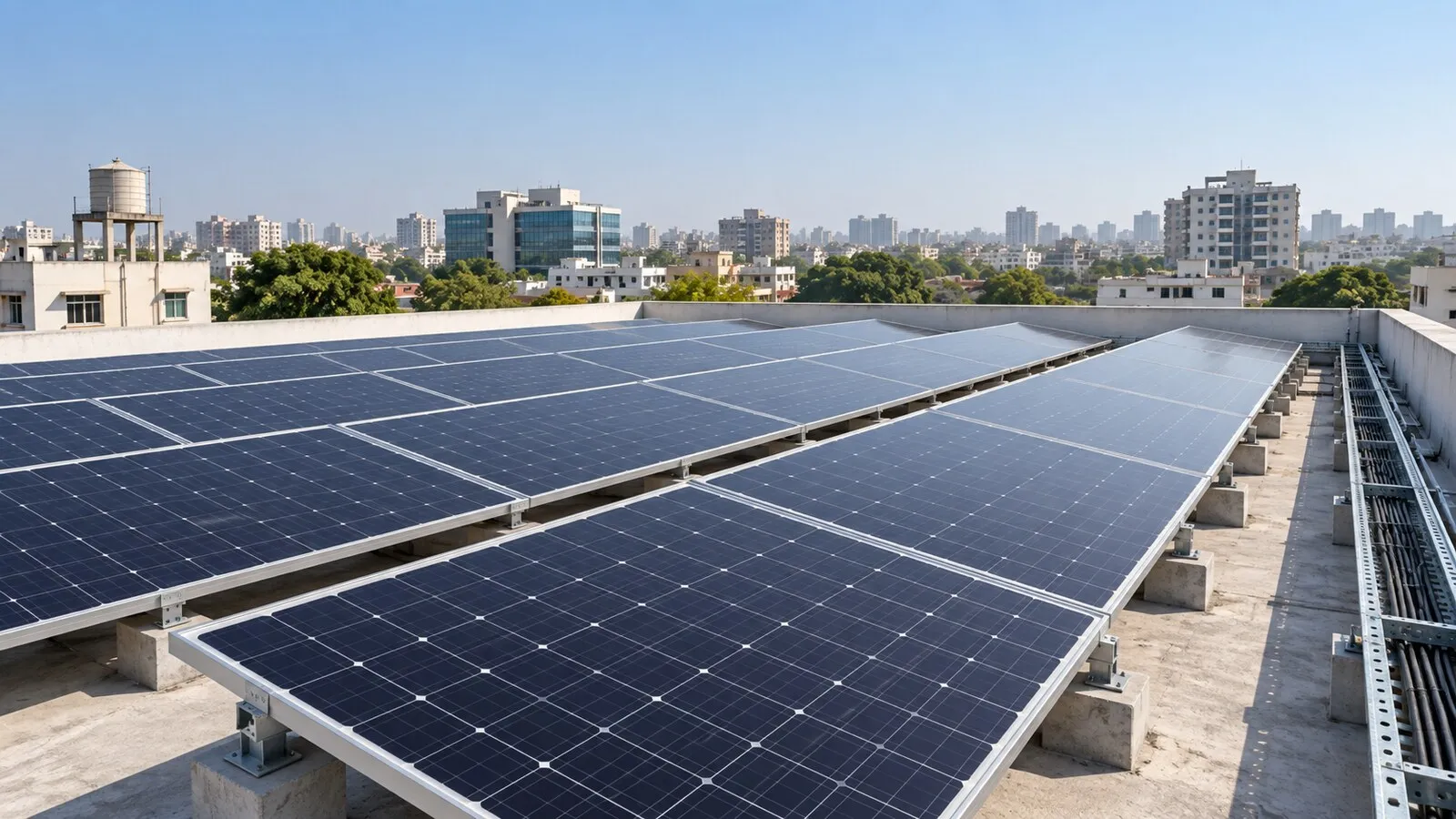 Rows of monocrystalline solar PV modules on aluminium mounting structures across the flat roof of a commercial building in an Indian city, with a cable tray along the parapet