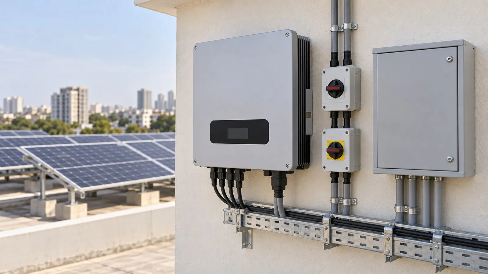Grid-tied string inverter, DC and AC isolators and a closed protection panel mounted on a rooftop plant room wall, with the solar array behind