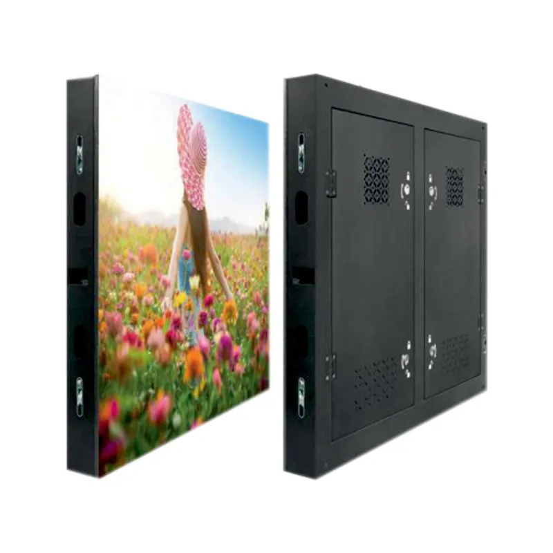 Outdoor LED cabinet, front with a flower field image and rear with door panels
