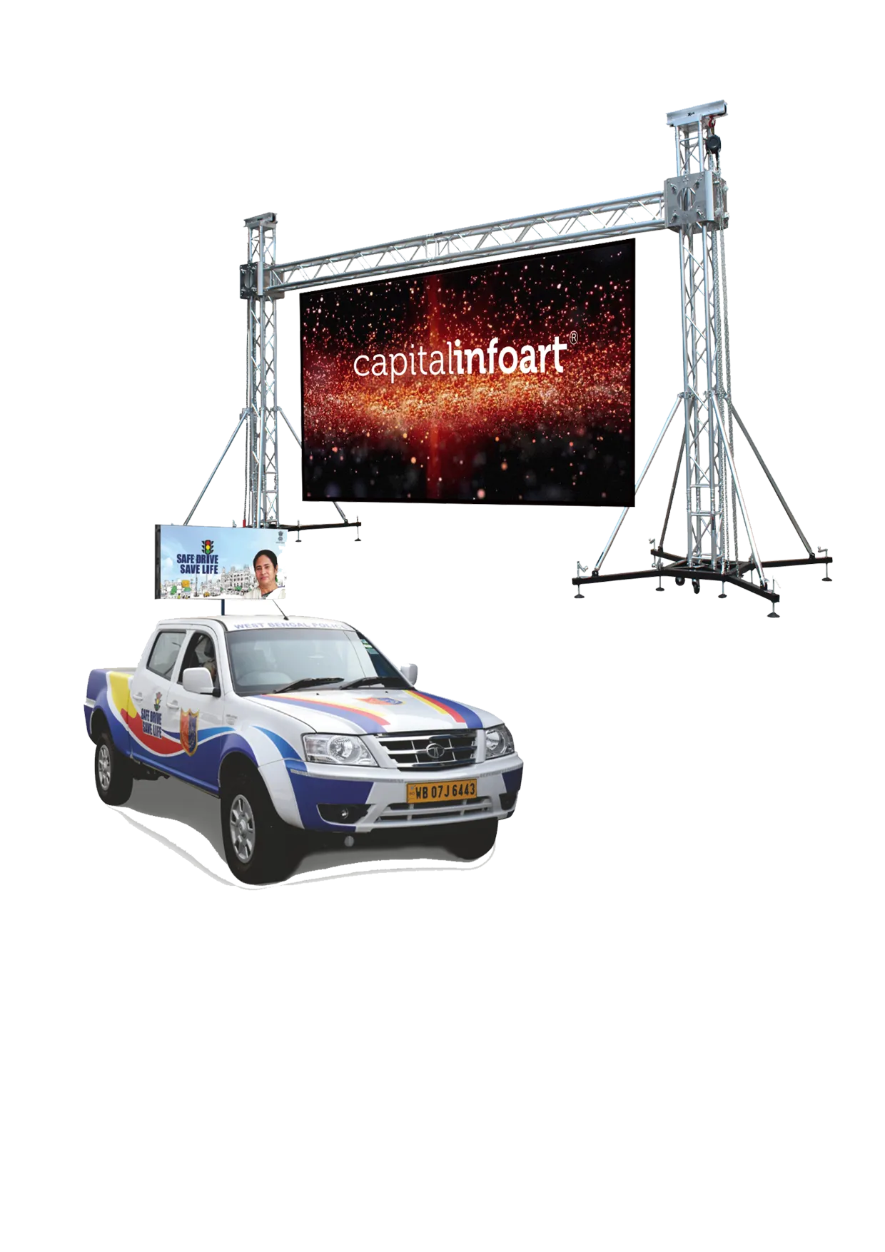 Outdoor LED wall on a truss frame with a Capital Infoart service vehicle