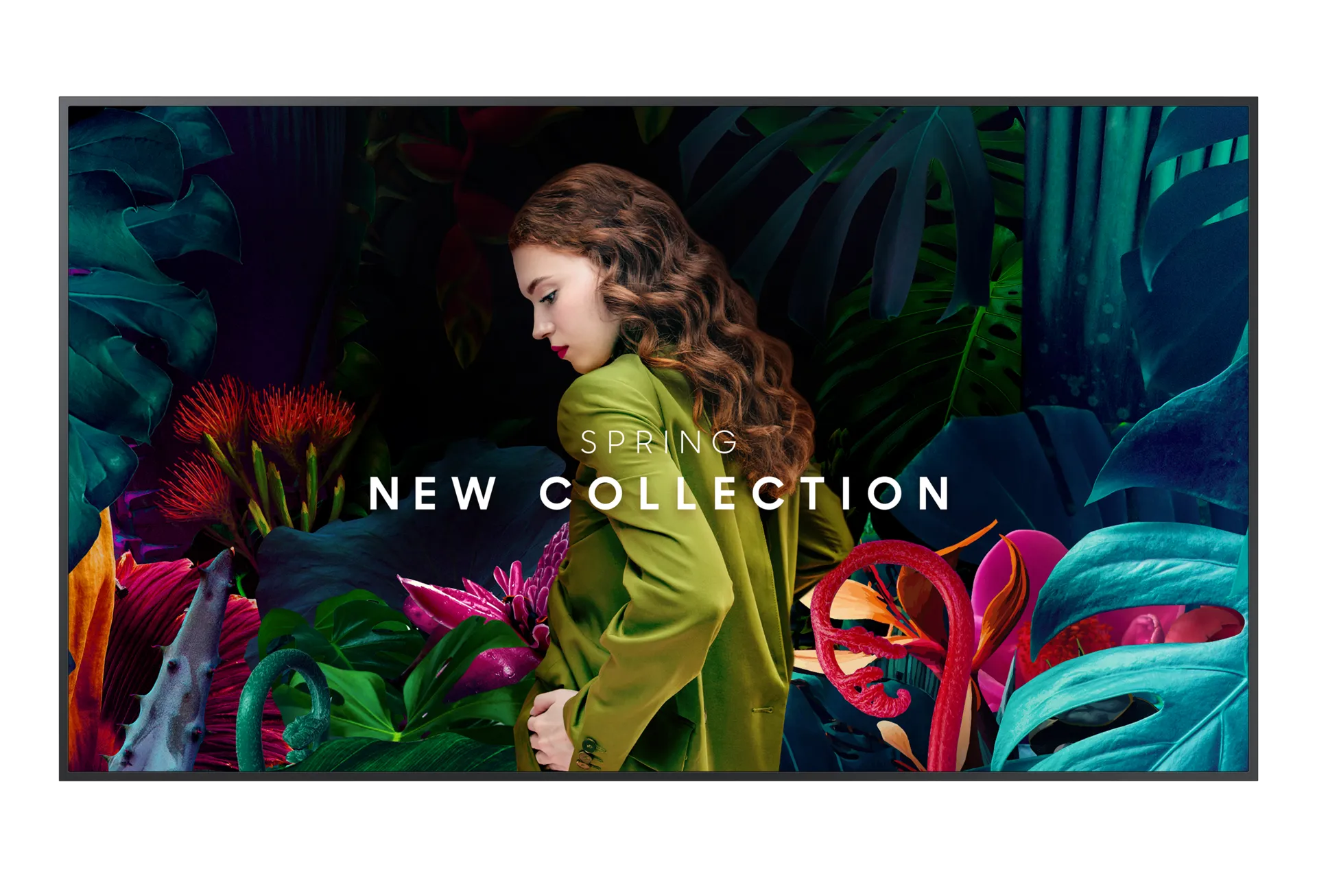 Samsung QBC Crystal UHD signage, 55-inch front view showing a fashion campaign