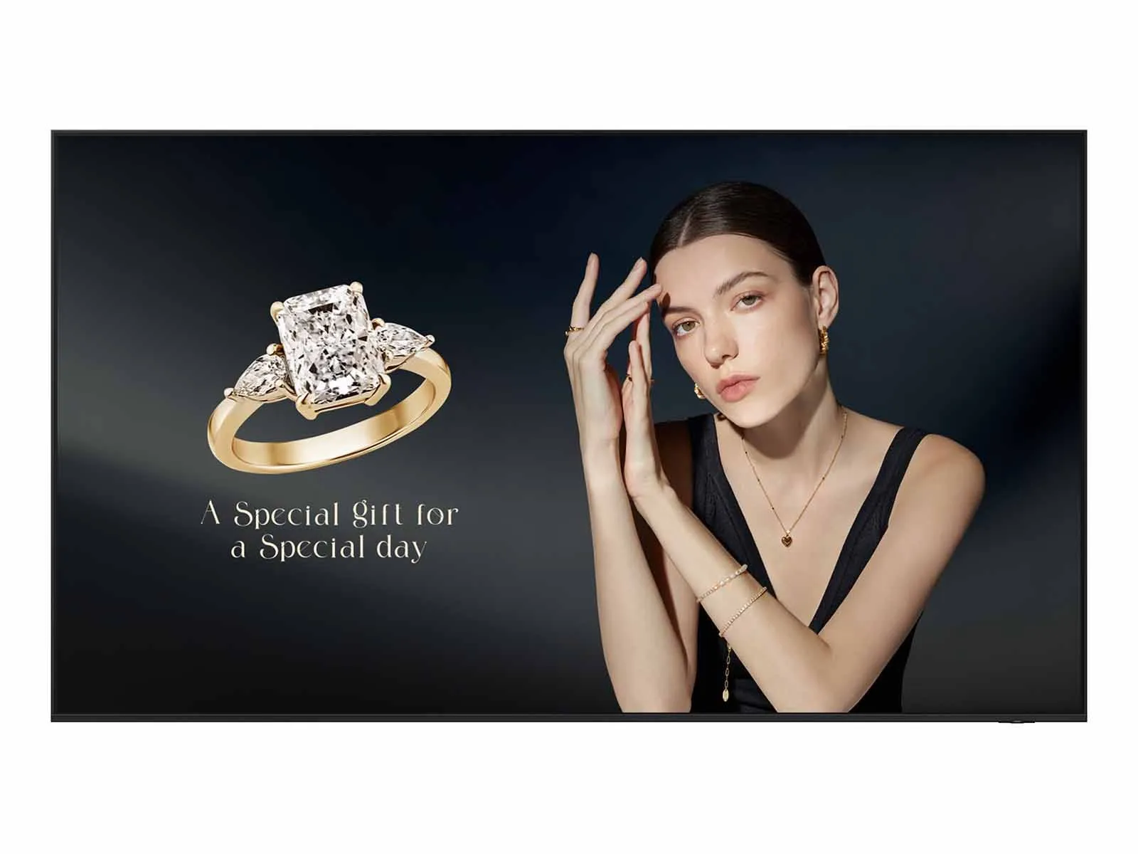 Samsung QHFX 115-inch signage, front view showing a jewellery campaign