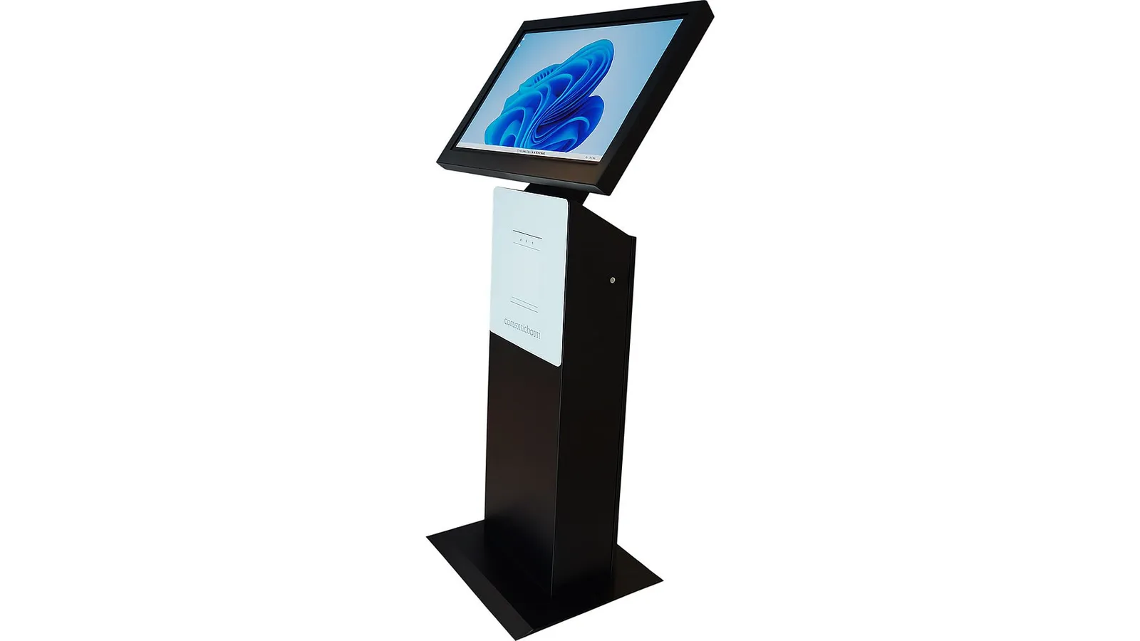 Capital Infoart Windows self-service kiosk with a tilted touch screen on a black pedestal