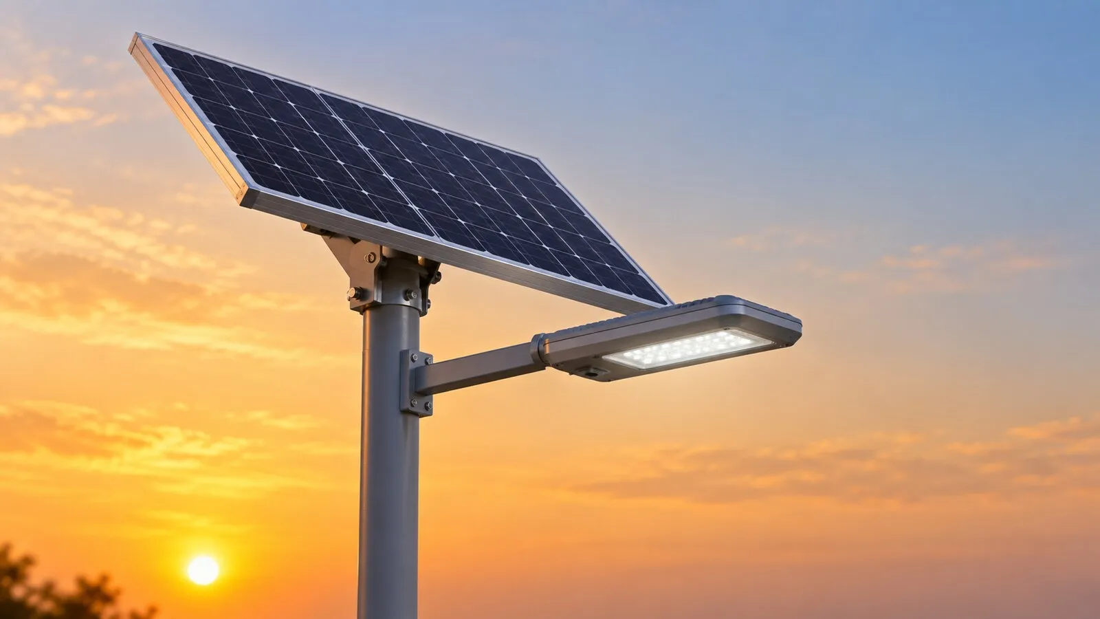 Close view of a solar street light head with a tilted monocrystalline panel and a slim LED luminaire against a warm evening sky