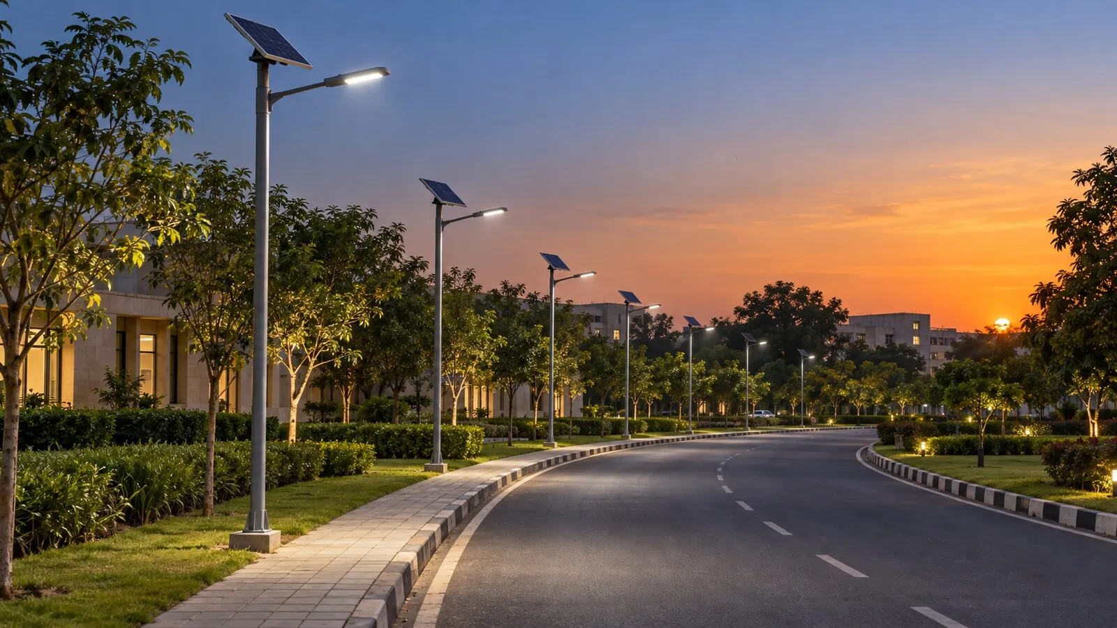 Row of standalone solar LED street lights on 6 m poles, each with a panel on top, just switched on along a landscaped campus road in India at dusk