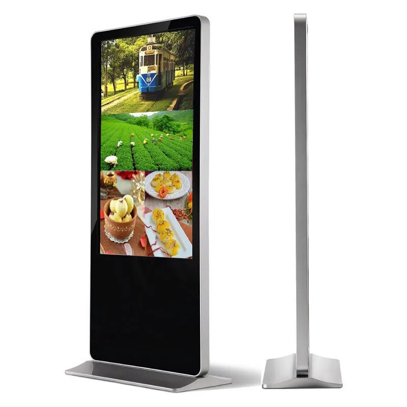 T-Type Floor Mount Digital Kiosk render, front view with food content and side view showing the slim profile