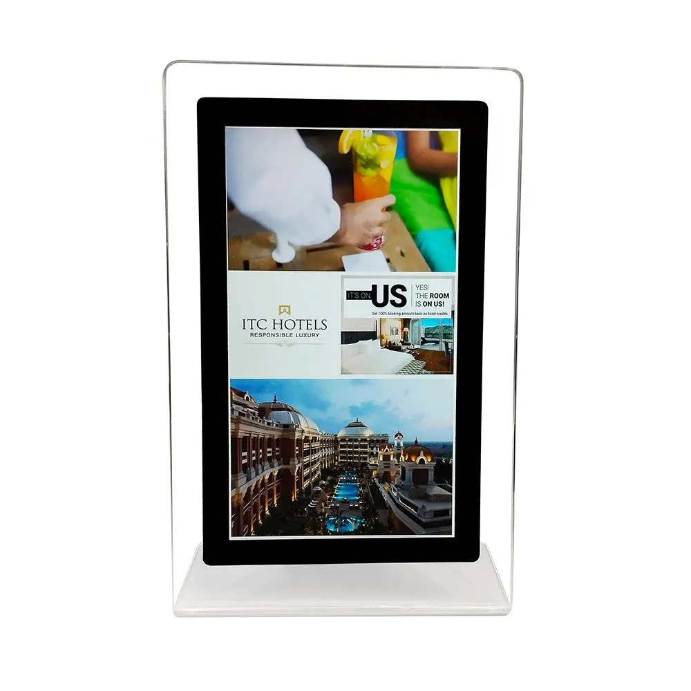 Table Top Android Display in a clear glass frame with hotel content
