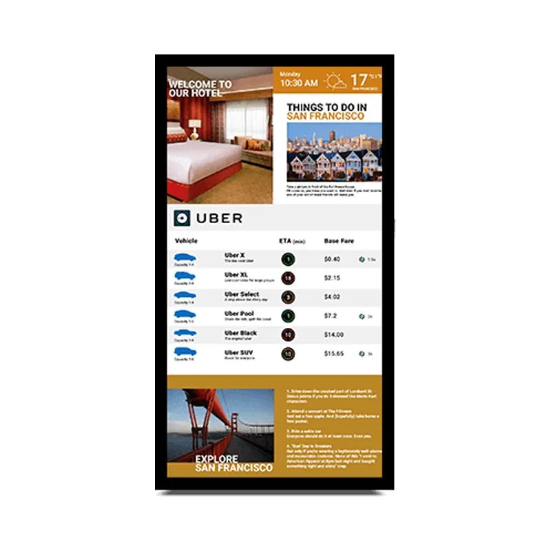 Portrait wall mount display showing hotel welcome and transport information