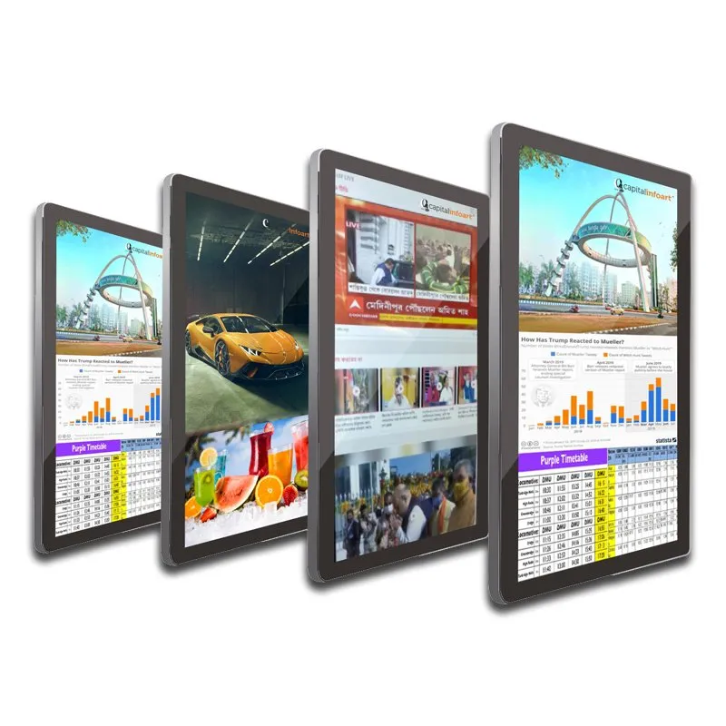 Four portrait Wall Mount Android Signage displays with retail content