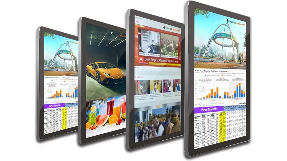 Four Capital Infoart wall-mount Android signage displays in portrait, showing timetables and promotions