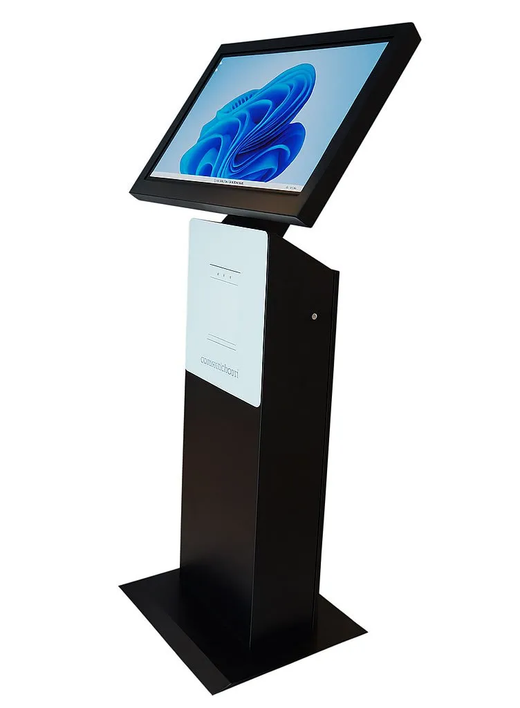 Windows kiosk with a 21.5 inch touch screen and printer slot, showing the Windows 11 desktop