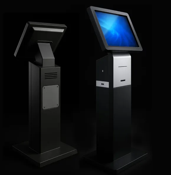 Two Windows kiosks in dark steel, one with a printer slot, on a black background