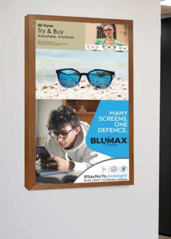 Wooden Digital Photo Frame on a lobby wall showing an eyewear advertisement